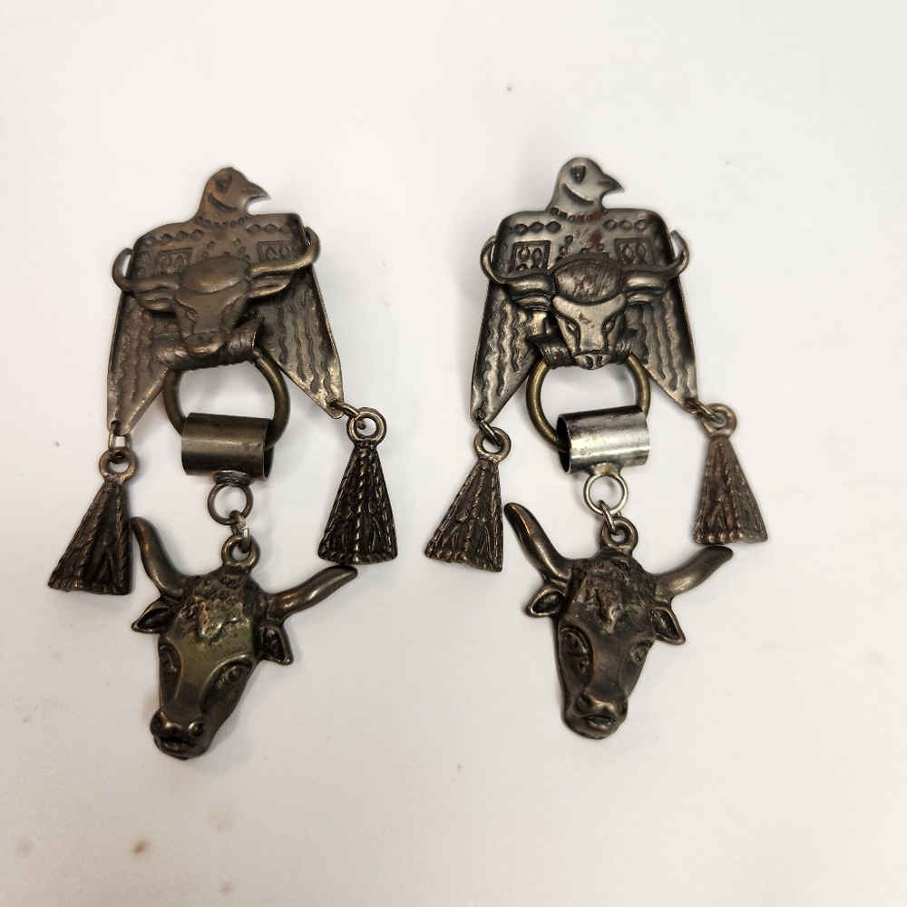southwest steer bullhorn eagle dangle metal pierced grey earrings western